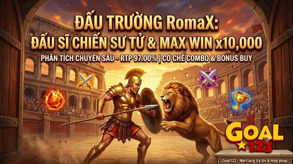 Hình ảnh đại diện bài đánh giá slot game RomaX từ Jili Games tại nhà cái Goal123, nổi bật với tính năng Đấu sĩ chiến sư tử và cơ hội trúng Max Win x10,000.